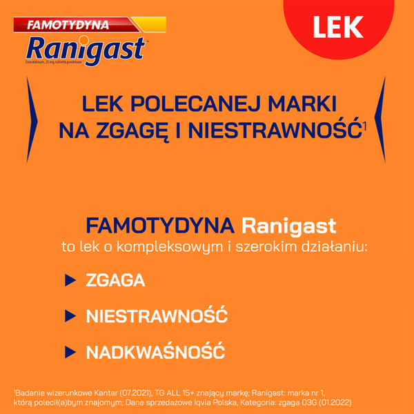 Famotydyna Ranigast tabletki powlekane na zgagę, 20 tabl./1 opak._2